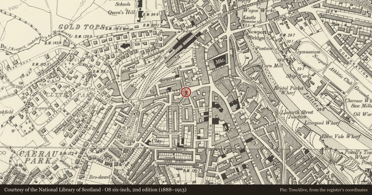 Ordnance Survey six-inch map, 2nd edition (1888–1913) covering the location of Queen's Hotel, Stow Hill, Newport, with a pin at the register's coordinates