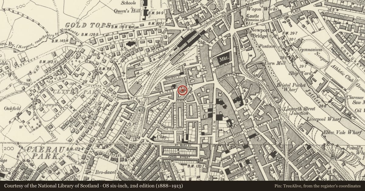 Ordnance Survey six-inch map, 2nd edition (1888–1913) covering the location of 20 Bridge Street, Stow Hill, Newport, with a pin at the register's coordinates
