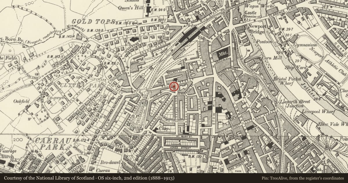 Ordnance Survey six-inch map, 2nd edition (1888–1913) covering the location of 24 Bridge Street, Stow Hill, Newport, with a pin at the register's coordinates
