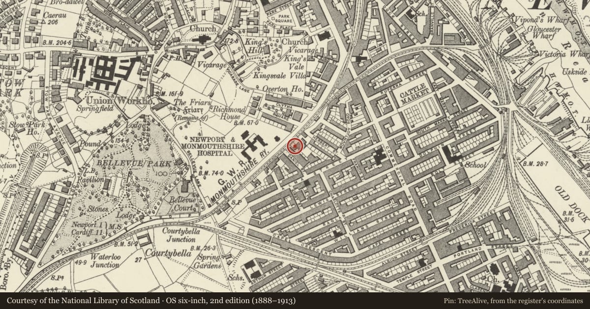 Ordnance Survey six-inch map, 2nd edition (1888–1913) covering the location of 13 Cardiff Road, Pillgwenlly, Newport, with a pin at the register's coordinates