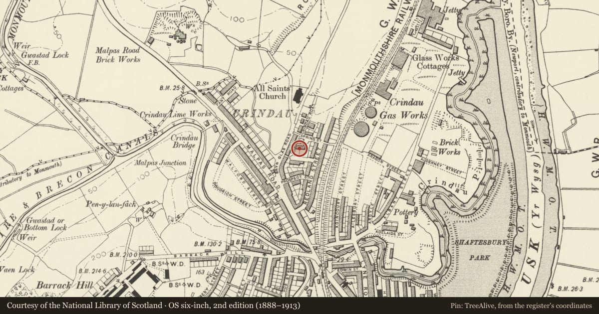 Ordnance Survey six-inch map, 2nd edition (1888–1913) covering the location of Crindau, comprising Crindau House and Crindau Sports and Social Club, Shaftesbury, Newport, with a pin at the register's coordinates