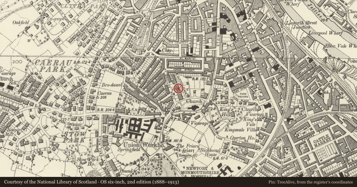 Ordnance Survey six-inch map, 2nd edition (1888–1913) covering the location of 7 & 8 Clifton Place, Stow Hill, Newport, with a pin at the register's coordinates