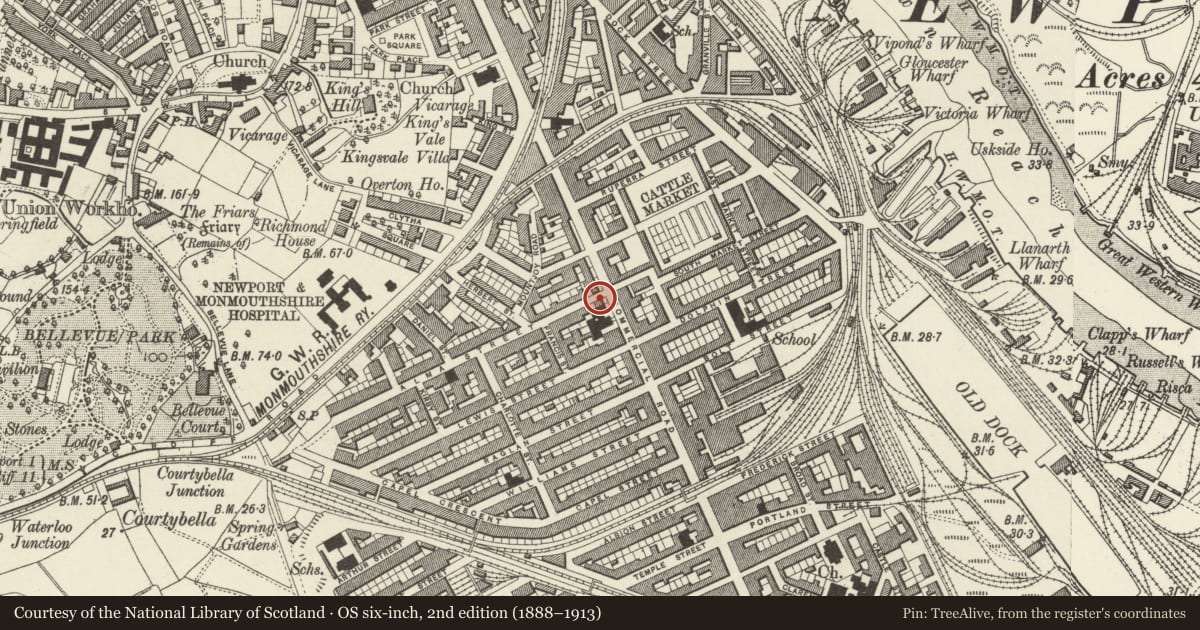 Ordnance Survey six-inch map, 2nd edition (1888–1913) covering the location of 174 Commercial Road, Pillgwenlly, Newport, with a pin at the register's coordinates