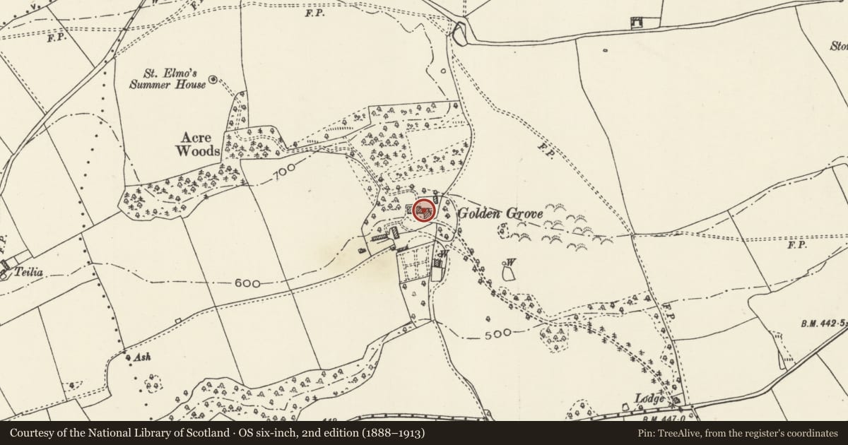 Ordnance Survey six-inch map, 2nd edition (1888–1913) covering the location of Golden Grove, Llanasa, Flintshire, with a pin at the register's coordinates