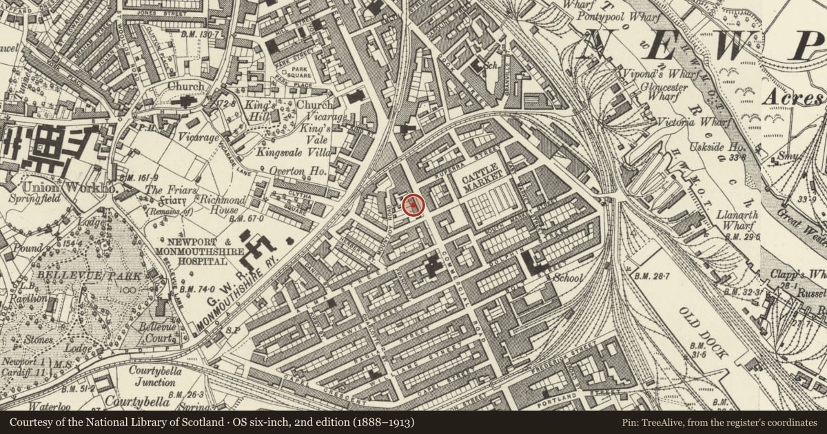 Ordnance Survey six-inch map, 2nd edition (1888–1913) covering the location of 182 Commercial Road, Pillgwenlly, Newport, with a pin at the register's coordinates