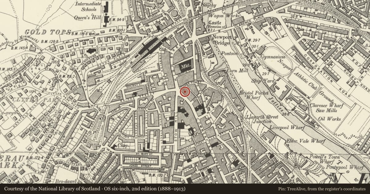 Ordnance Survey six-inch map, 2nd edition (1888–1913) covering the location of Nos 1-8 (Consecutive), Stow Hill, Newport, with a pin at the register's coordinates