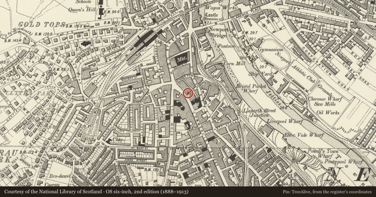 Ordnance Survey six-inch map, 2nd edition (1888–1913) covering the location of 13 Commercial Street, Stow Hill, Newport, with a pin at the register's coordinates
