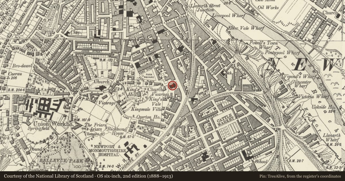 Ordnance Survey six-inch map, 2nd edition (1888–1913) covering the location of St Paul’s Church, including forecourt walls and railings, Stow Hill, Newport, with a pin at the register's coordinates