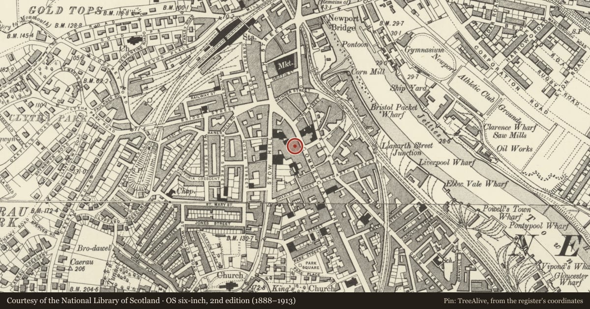 Ordnance Survey six-inch map, 2nd edition (1888–1913) covering the location of River Island, Stow Hill, Newport, with a pin at the register's coordinates