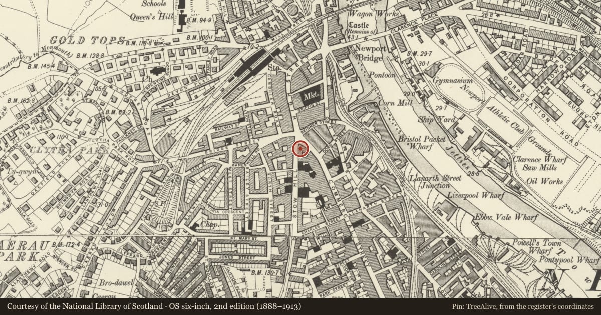Ordnance Survey six-inch map, 2nd edition (1888–1913) covering the location of Westgate Hotel, Stow Hill, Newport, with a pin at the register's coordinates