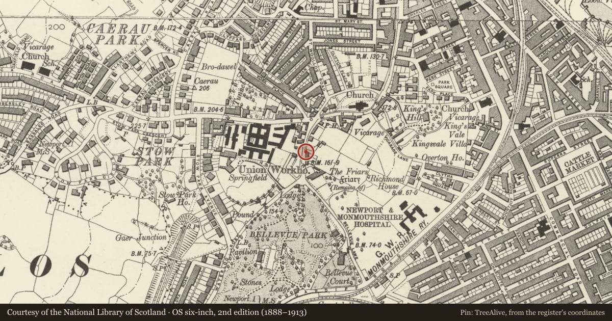 Ordnance Survey six-inch map, 2nd edition (1888–1913) covering the location of 9 Friars Road, Stow Hill, Newport, with a pin at the register's coordinates