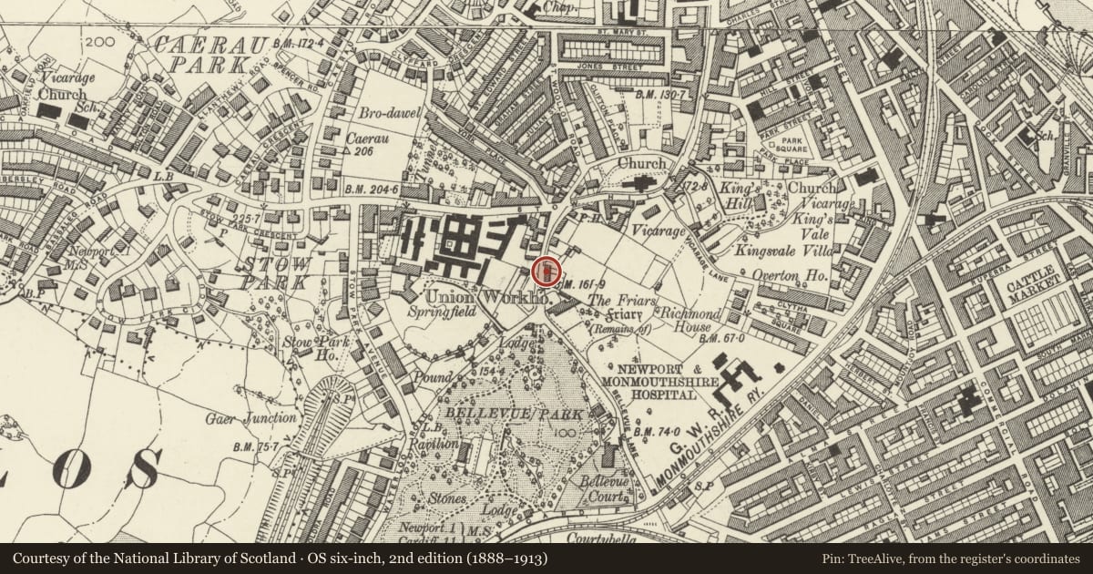 Ordnance Survey six-inch map, 2nd edition (1888–1913) covering the location of 11 Friars Road, Stow Hill, Newport, with a pin at the register's coordinates