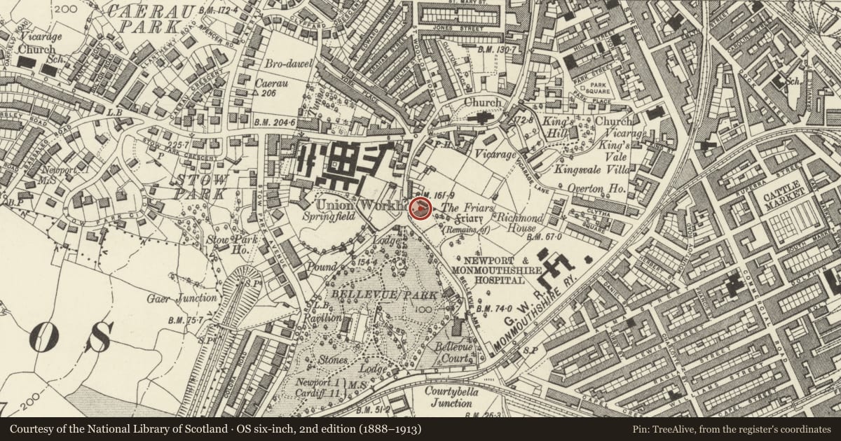 Ordnance Survey six-inch map, 2nd edition (1888–1913) covering the location of The Friars (Postgraduate Centre of Royal Gwent Hospital), Stow Hill, Newport, with a pin at the register's coordinates
