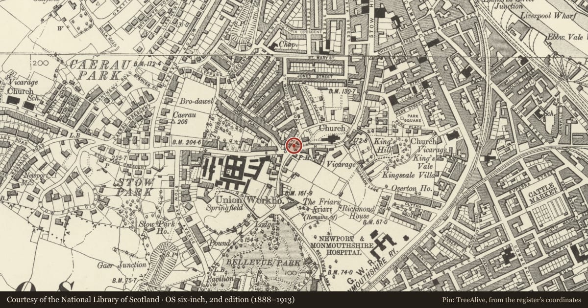 Ordnance Survey six-inch map, 2nd edition (1888–1913) covering the location of Drinking Fountain to W of St Woolos' Cathedral, Stow Hill, Newport, with a pin at the register's coordinates