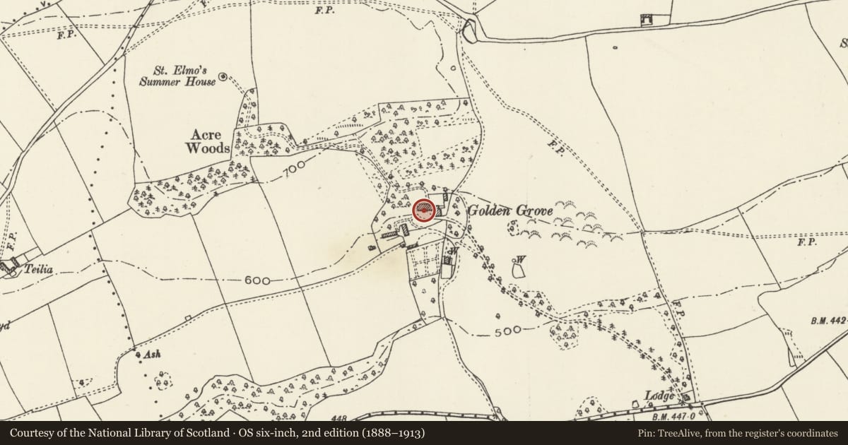 Ordnance Survey six-inch map, 2nd edition (1888–1913) covering the location of Sundial at Golden Grove, Llanasa, Flintshire, with a pin at the register's coordinates