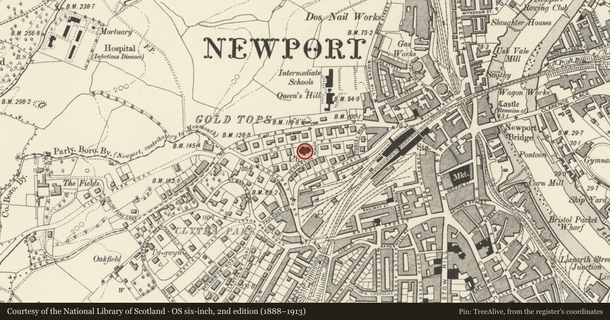 Ordnance Survey six-inch map, 2nd edition (1888–1913) covering the location of St Mark’s Church, Allt-yr-Yn, Newport, with a pin at the register's coordinates