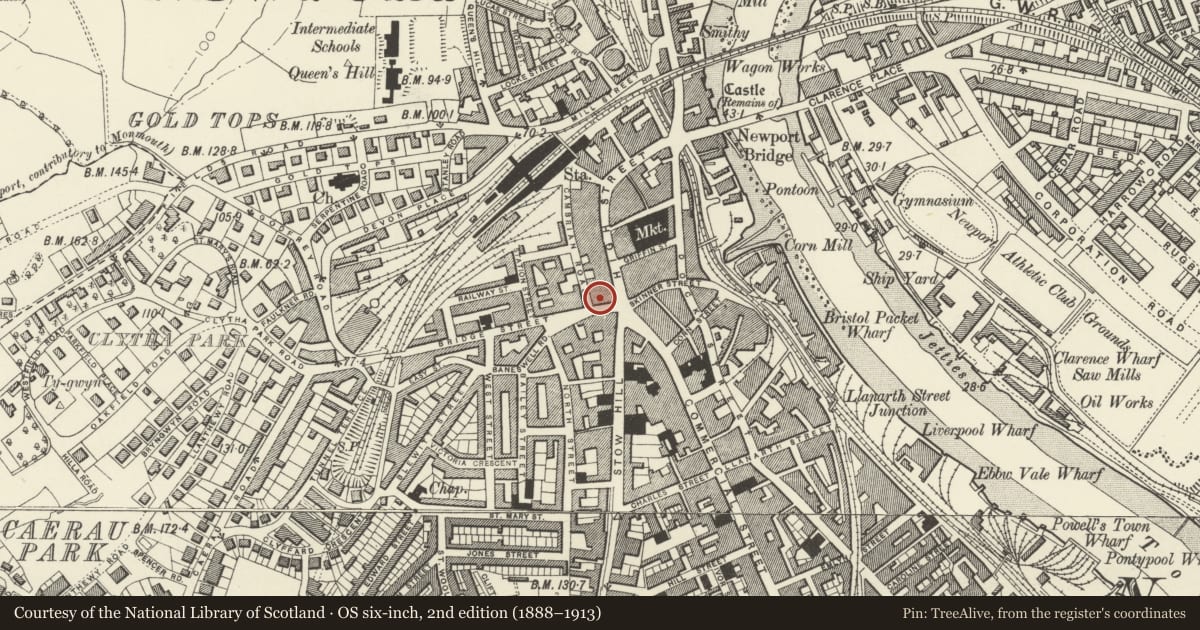 Ordnance Survey six-inch map, 2nd edition (1888–1913) covering the location of National Westminster Bank (including Nos.2 & 4 Cambrian Road), Stow Hill, Newport, with a pin at the register's coordinates