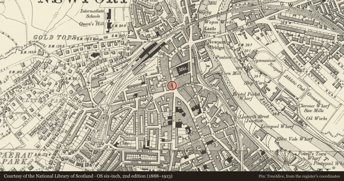 Ordnance Survey six-inch map, 2nd edition (1888–1913) covering the location of 34&35 High Street, Stow Hill, Newport, with a pin at the register's coordinates