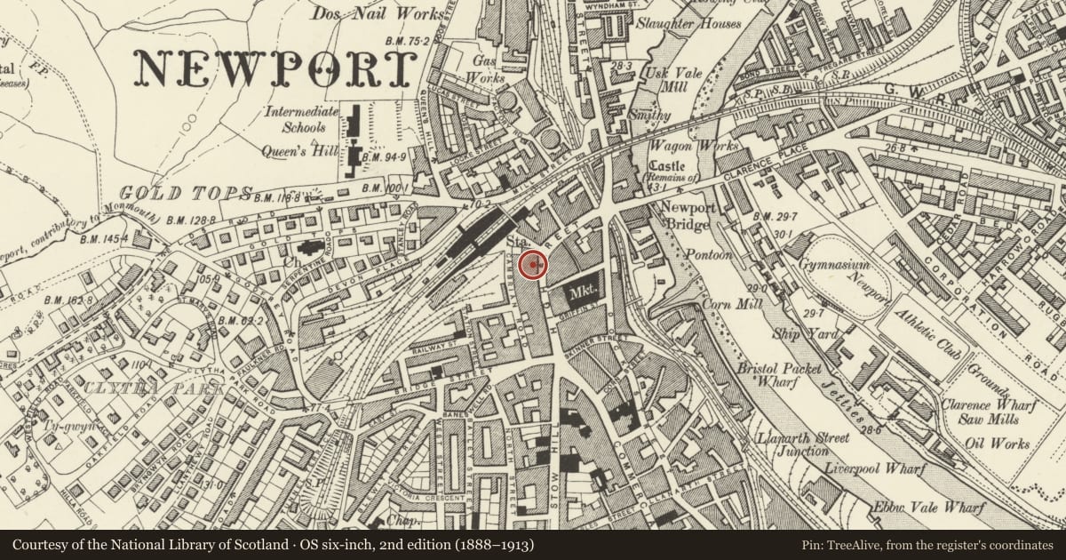 Ordnance Survey six-inch map, 2nd edition (1888–1913) covering the location of Ye Olde Murenger House PH, Stow Hill, Newport, with a pin at the register's coordinates