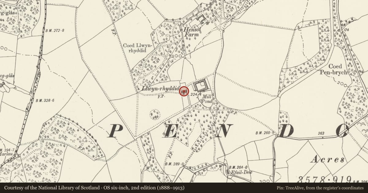 Ordnance Survey six-inch map, 2nd edition (1888–1913) covering the location of Llwyn Rhyddid, Pendoylan, Vale of Glamorgan, with a pin at the register's coordinates