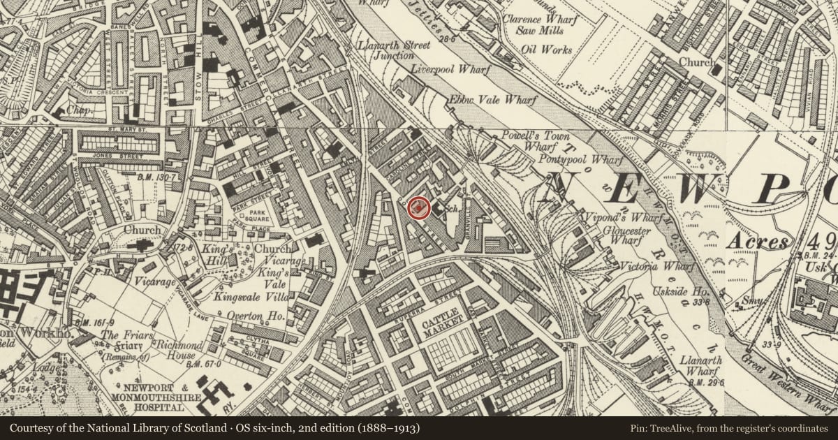 Ordnance Survey six-inch map, 2nd edition (1888–1913) covering the location of 69 Lower Dock Street, Stow Hill, Newport, with a pin at the register's coordinates