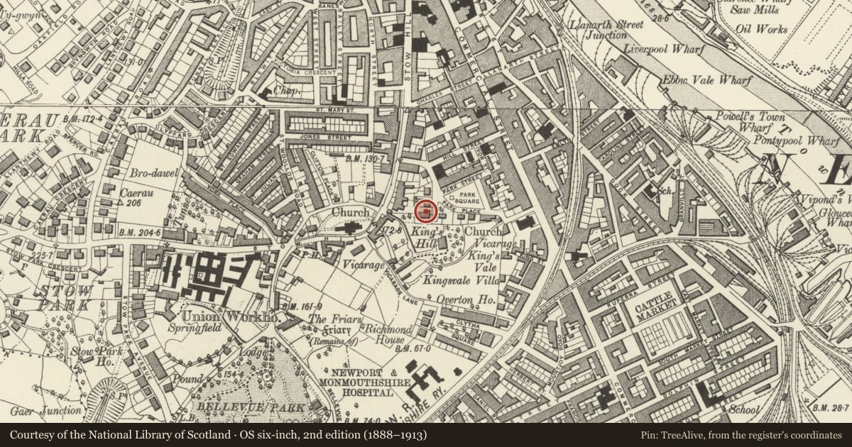 Ordnance Survey six-inch map, 2nd edition (1888–1913) covering the location of 9 &10 Park Square, Stow Hill, Newport, with a pin at the register's coordinates
