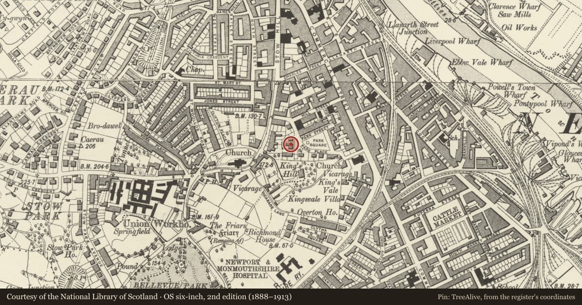 Ordnance Survey six-inch map, 2nd edition (1888–1913) covering the location of 11 Park Square, Stow Hill, Newport, with a pin at the register's coordinates