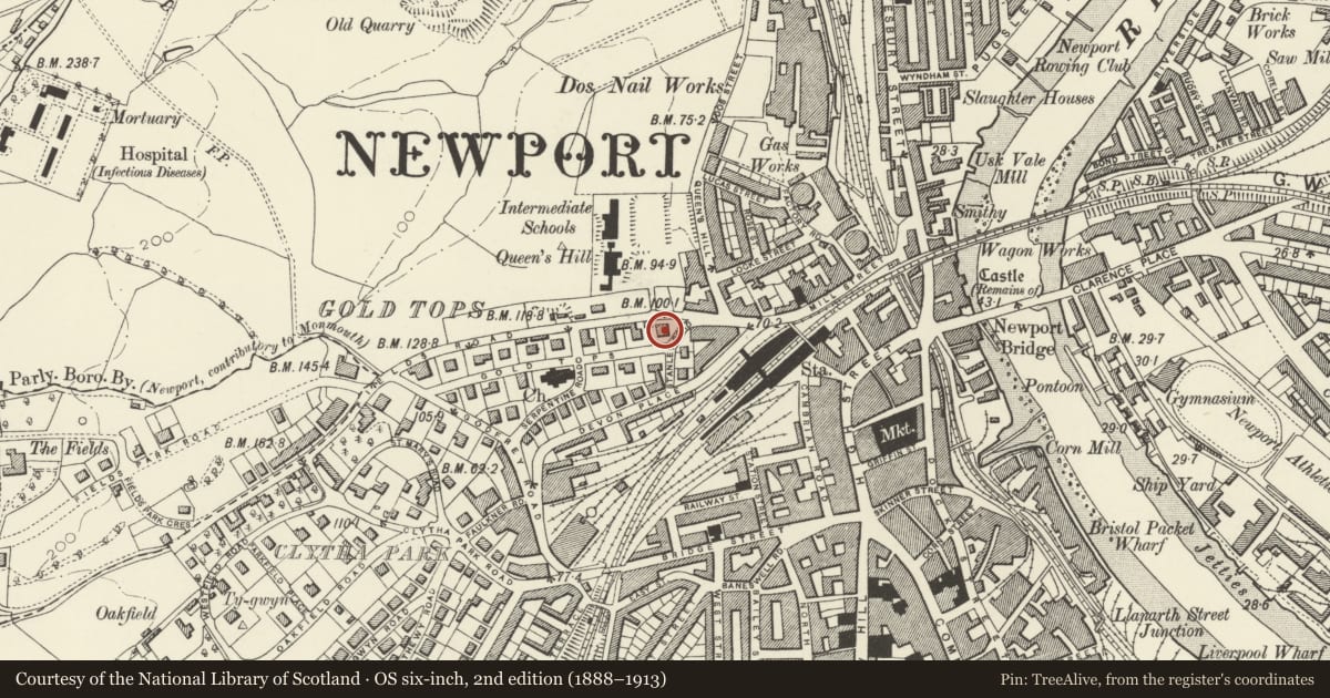 Ordnance Survey six-inch map, 2nd edition (1888–1913) covering the location of Newport Magistrates Court, Allt-yr-Yn, Newport, with a pin at the register's coordinates
