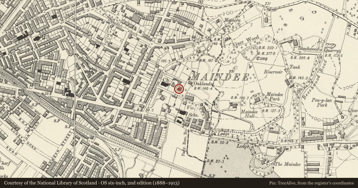 Ordnance Survey six-inch map, 2nd edition (1888–1913) covering the location of Cambrian House, Beechwood, Newport, with a pin at the register's coordinates