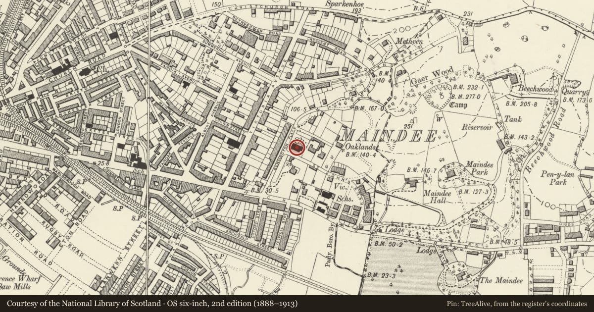 Ordnance Survey six-inch map, 2nd edition (1888–1913) covering the location of Church of St John the Evangelist, Beechwood, Newport, with a pin at the register's coordinates