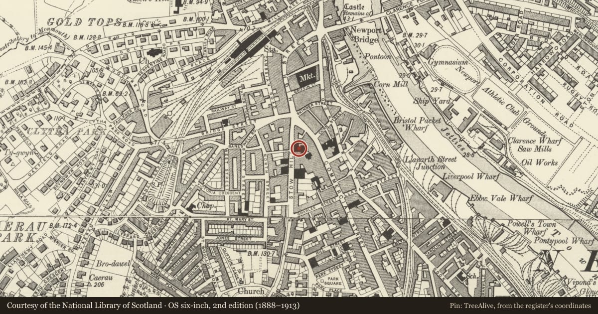 Ordnance Survey six-inch map, 2nd edition (1888–1913) covering the location of Church of St Mary, Stow Hill, Newport, with a pin at the register's coordinates