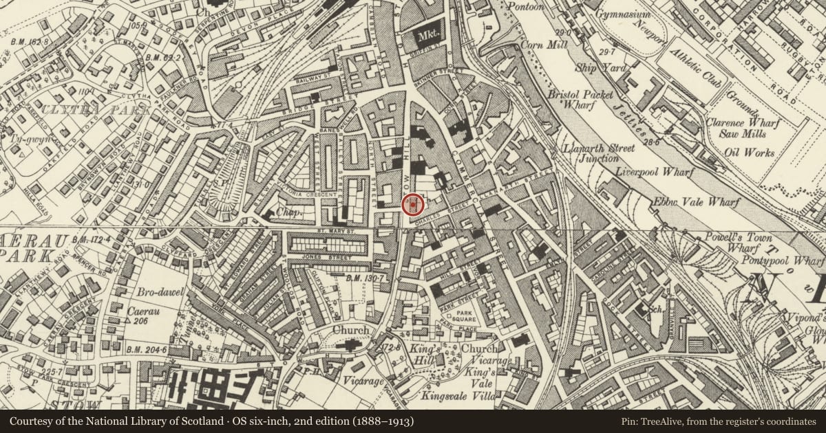 Ordnance Survey six-inch map, 2nd edition (1888–1913) covering the location of 37 Stow Hill, Newport, with a pin at the register's coordinates