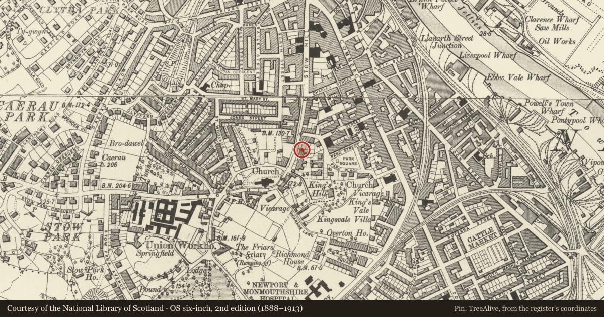Ordnance Survey six-inch map, 2nd edition (1888–1913) covering the location of 81 Stow Hill, Newport, with a pin at the register's coordinates