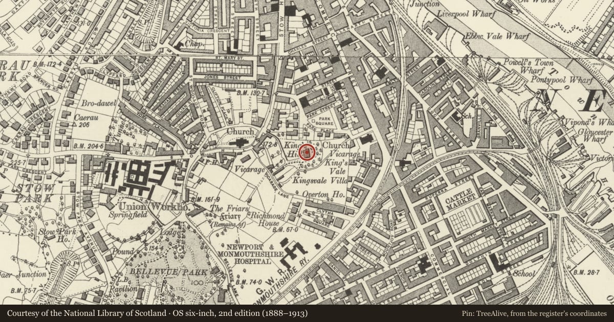 Ordnance Survey six-inch map, 2nd edition (1888–1913) covering the location of Kingshill, Stow Hill, Newport, with a pin at the register's coordinates