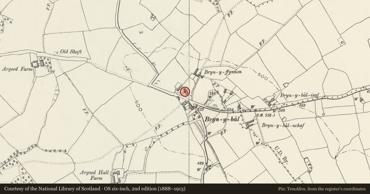 Ordnance Survey six-inch map, 2nd edition (1888–1913) covering the location of Bryn Farmhouse, Argoed, Flintshire, with a pin at the register's coordinates
