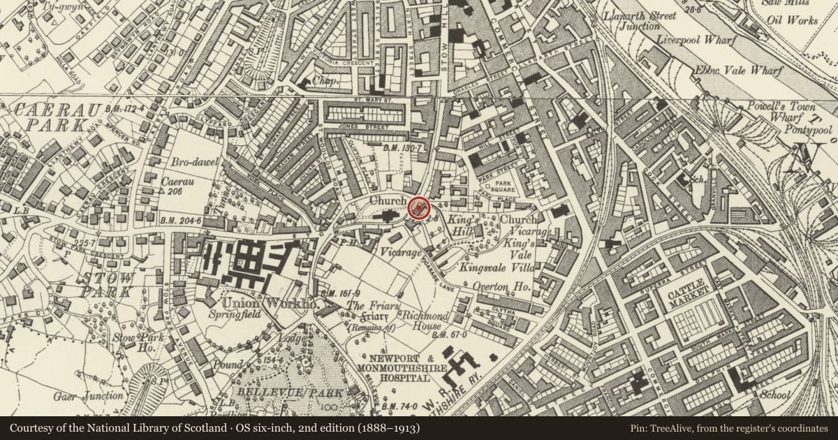 Ordnance Survey six-inch map, 2nd edition (1888–1913) covering the location of 93 Stow Hill including attached wall to Stow Hill, Newport, with a pin at the register's coordinates