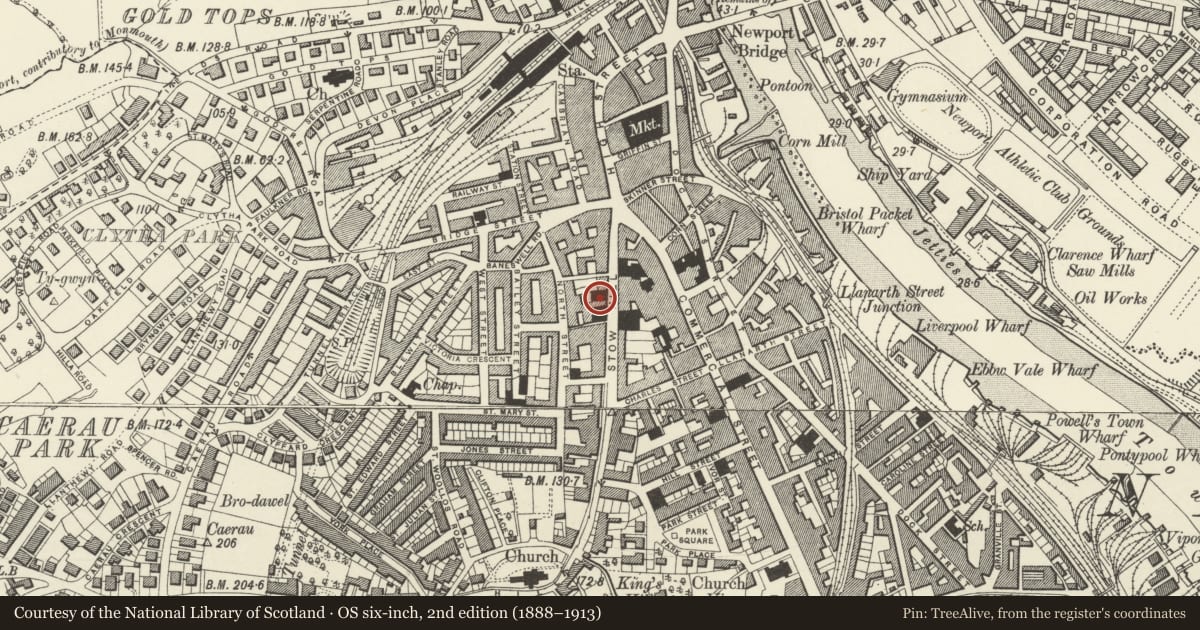 Ordnance Survey six-inch map, 2nd edition (1888–1913) covering the location of Zanzibar Club, Stow Hill, Newport, with a pin at the register's coordinates
