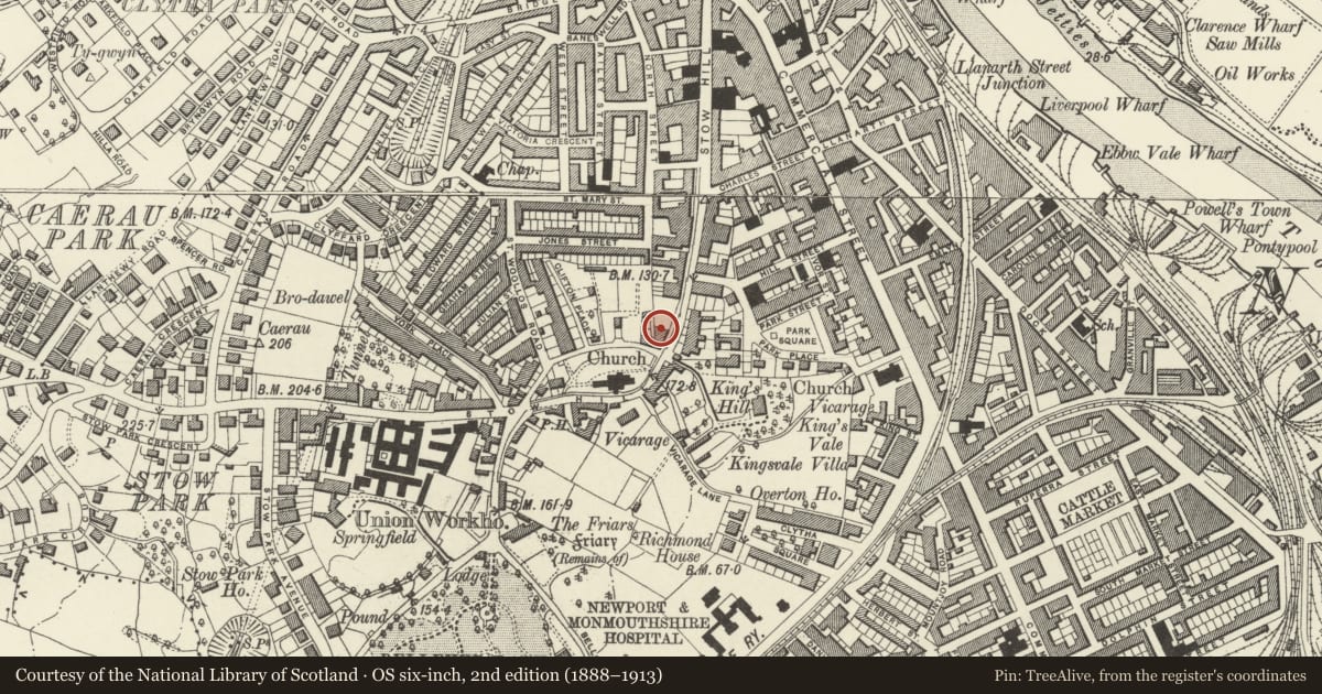 Ordnance Survey six-inch map, 2nd edition (1888–1913) covering the location of 108 Stow Hill, Newport, with a pin at the register's coordinates