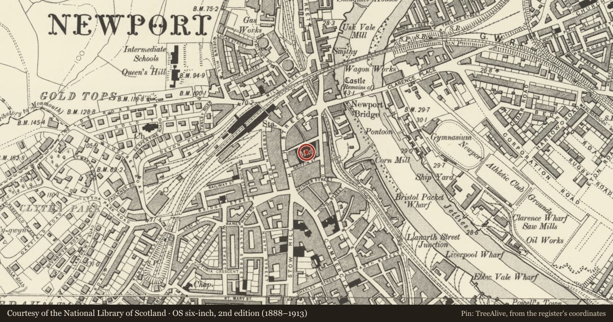 Ordnance Survey six-inch map, 2nd edition (1888–1913) covering the location of Newport Market, Stow Hill, Newport, with a pin at the register's coordinates