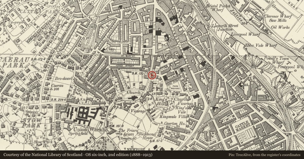 Ordnance Survey six-inch map, 2nd edition (1888–1913) covering the location of Nos 1-6 Victoria Place, including area railings, Stow Hill, Newport, with a pin at the register's coordinates