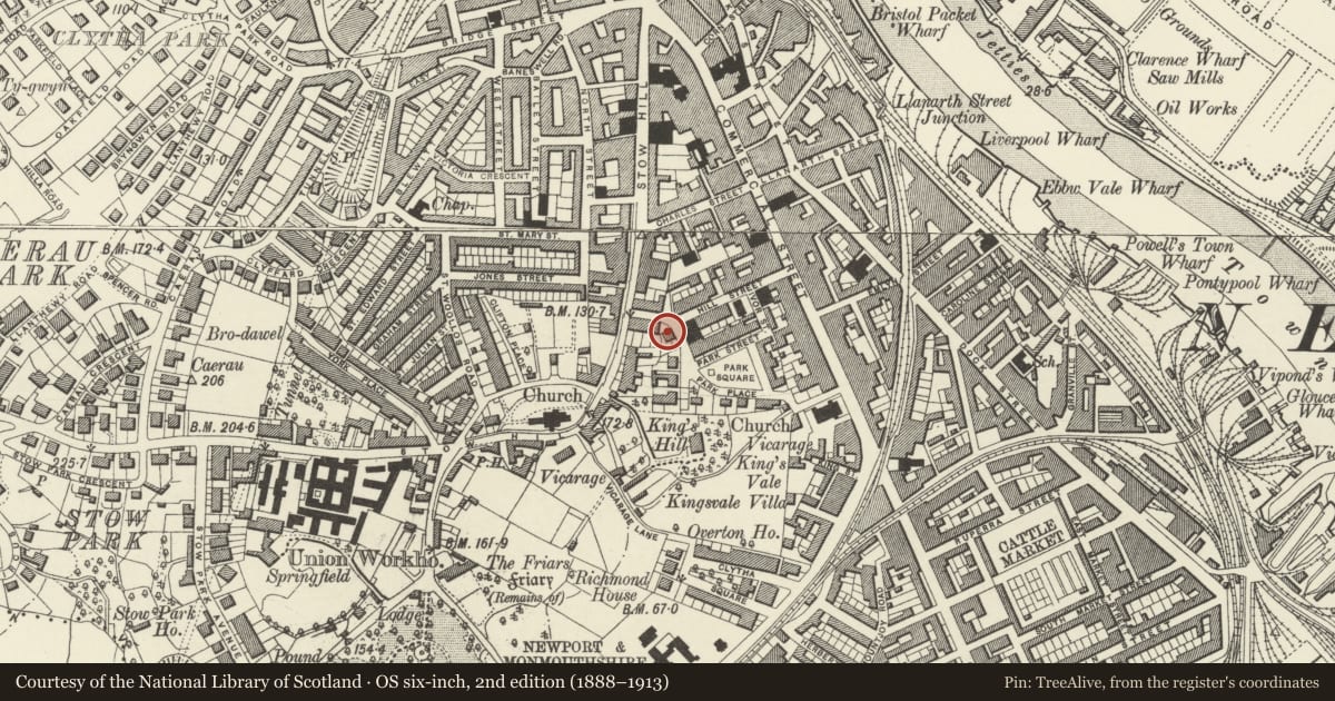 Ordnance Survey six-inch map, 2nd edition (1888–1913) covering the location of 13 Victoria Place, Stow Hill, Newport, with a pin at the register's coordinates