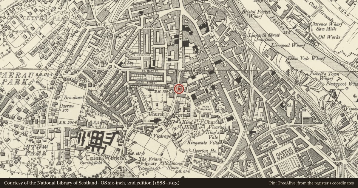 Ordnance Survey six-inch map, 2nd edition (1888–1913) covering the location of Nos 7-12 Victoria Place, including area railings, Stow Hill, Newport, with a pin at the register's coordinates
