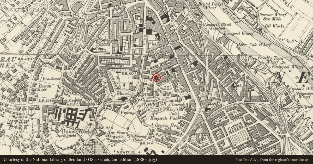 Ordnance Survey six-inch map, 2nd edition (1888–1913) covering the location of Victoria Road United Reformed Church, Stow Hill, Newport, with a pin at the register's coordinates
