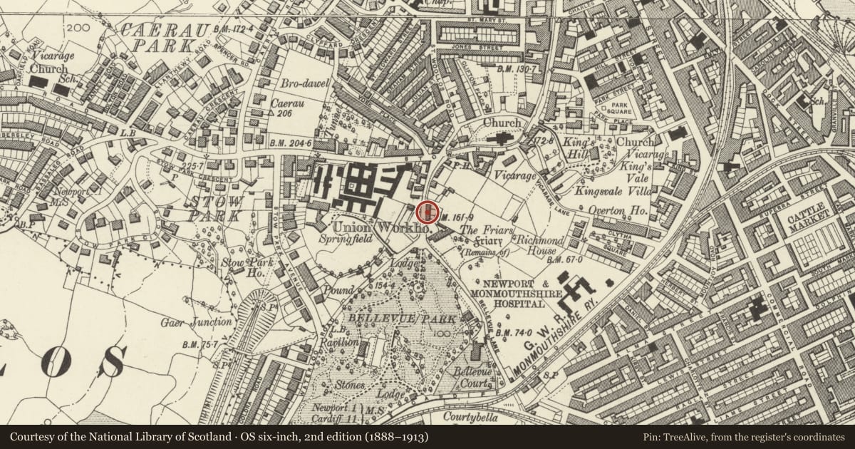 Ordnance Survey six-inch map, 2nd edition (1888–1913) covering the location of 13 Friars Road, Stow Hill, Newport, with a pin at the register's coordinates