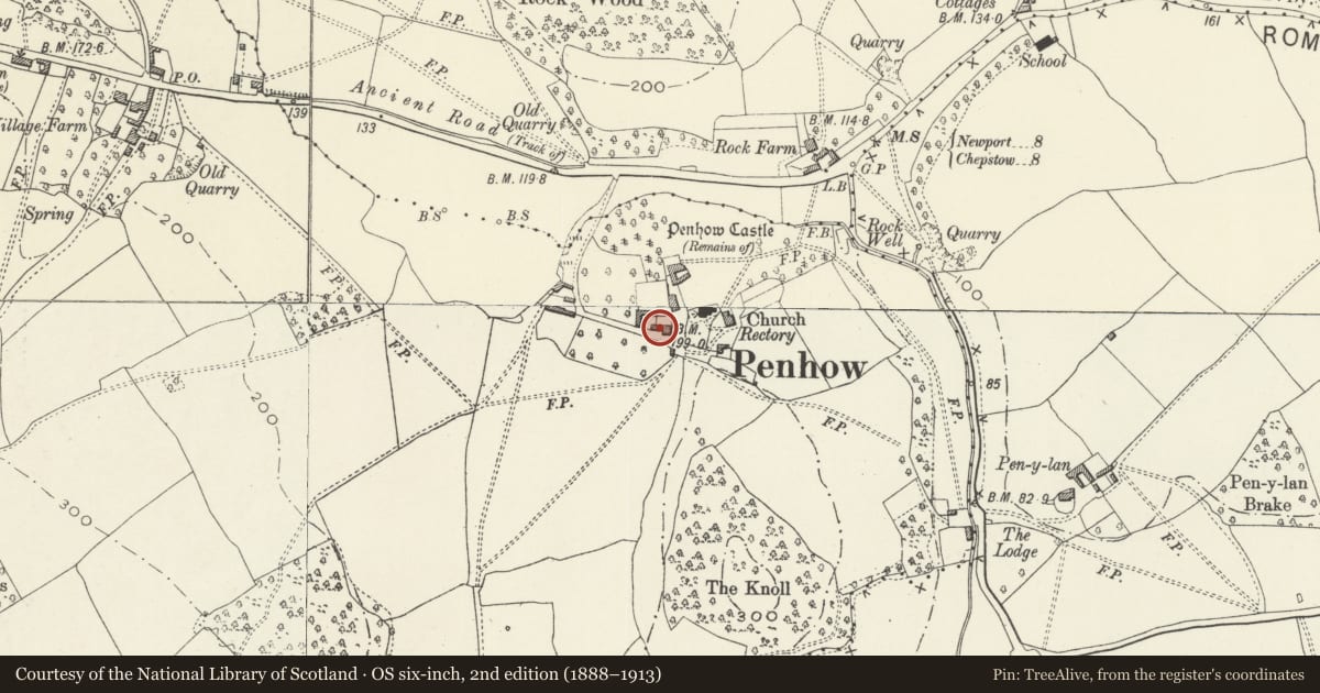 Ordnance Survey six-inch map, 2nd edition (1888–1913) covering the location of Barn to SW of Penhow Castle, Newport, with a pin at the register's coordinates