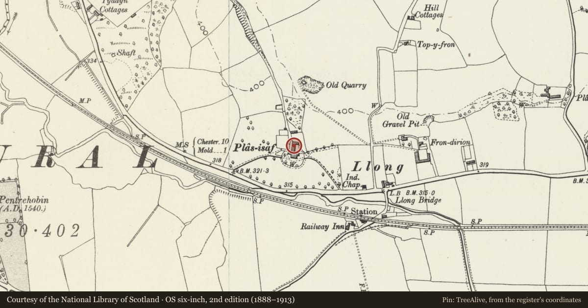 Ordnance Survey six-inch map, 2nd edition (1888–1913) covering the location of Plas Isaf, Argoed, Flintshire, with a pin at the register's coordinates