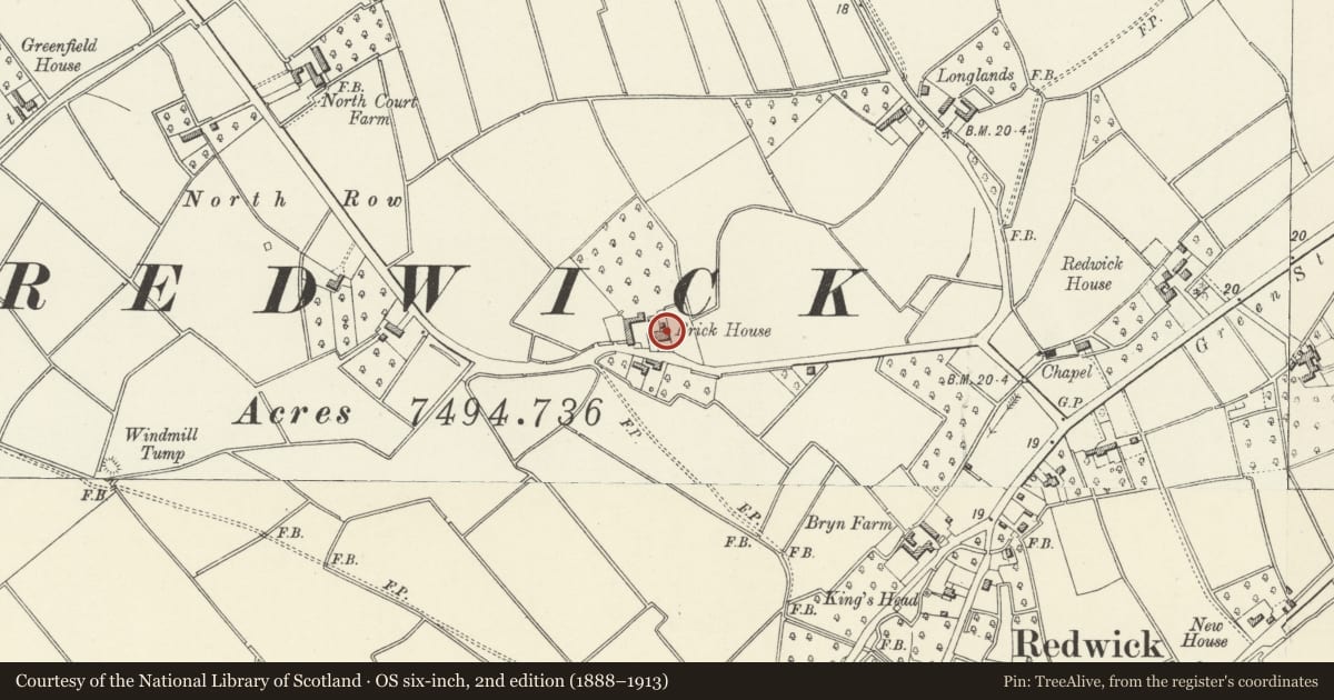 Ordnance Survey six-inch map, 2nd edition (1888–1913) covering the location of Brick House, Redwick, Newport, with a pin at the register's coordinates