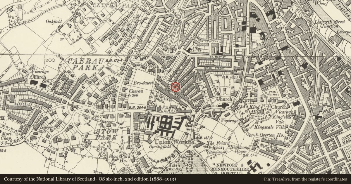 Ordnance Survey six-inch map, 2nd edition (1888–1913) covering the location of Electricity Transformer at SW end of Graham Street, Stow Hill, Newport, with a pin at the register's coordinates