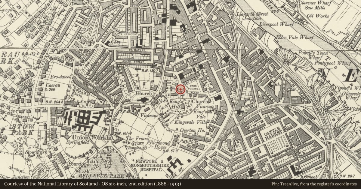 Ordnance Survey six-inch map, 2nd edition (1888–1913) covering the location of Electricity Transformer at Park Square, Stow Hill, Newport, with a pin at the register's coordinates