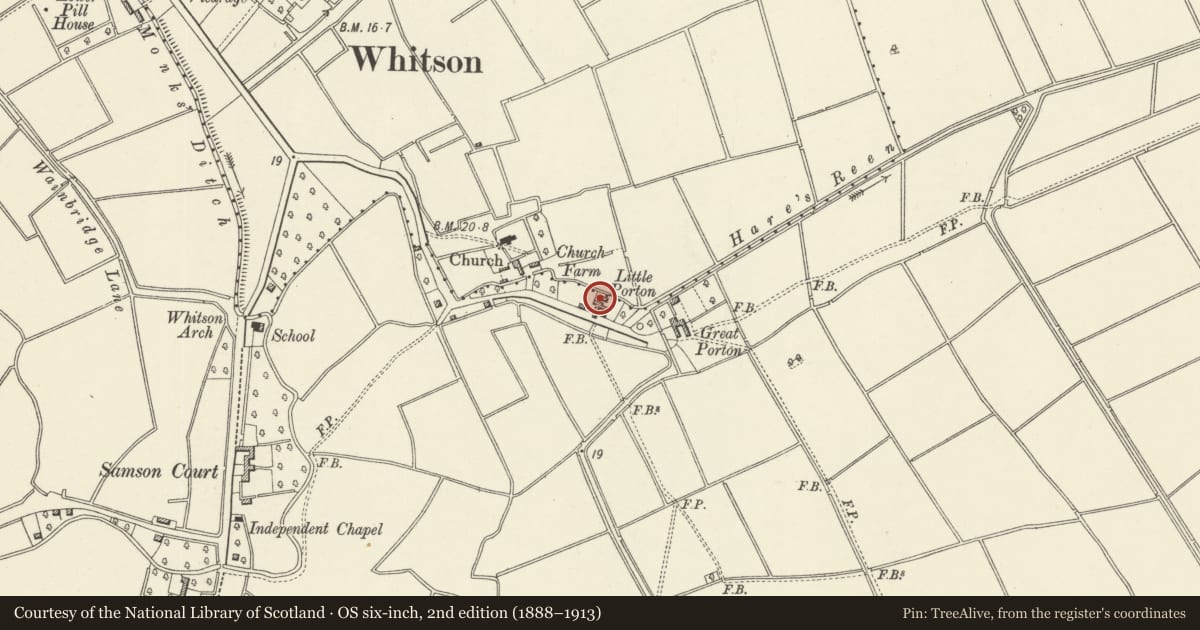 Ordnance Survey six-inch map, 2nd edition (1888–1913) covering the location of Little Porton Byre, Goldcliff, Newport, with a pin at the register's coordinates